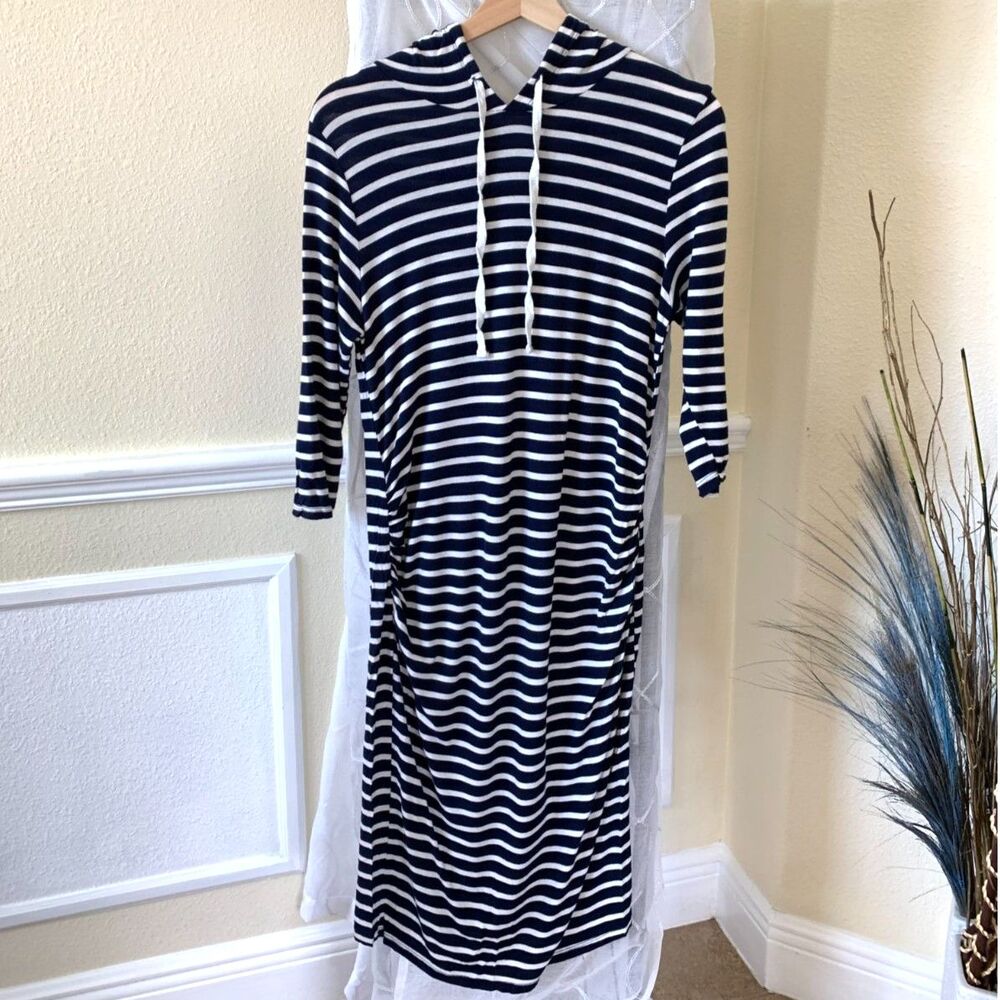 Navy Blue & White Striped Long Sleeve Hoodie Dress with Side Ruching
